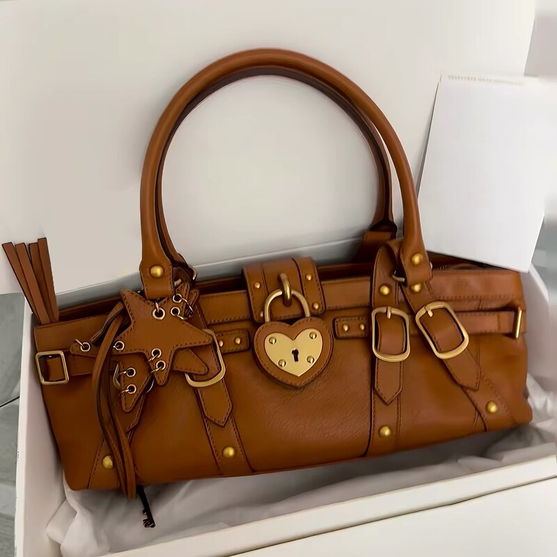 2026 Summer New Vintage Motorcycle Bag with Multiple Straps and Rivets, Boston Bag in Spicy Girl Style, Single Shoulder Bag with Metal Buckle for Women