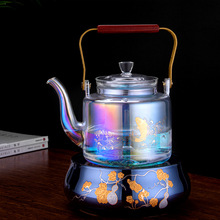 厂家批发加厚贝彩烧蒸煮一体大容量玻璃茶壶煮茶壶炫彩鱼戏提梁壶