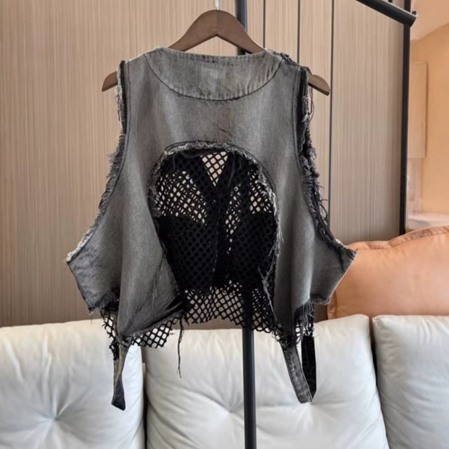 Productos europeos American Street Cowboy Chaleco Mujer 2025 Primavera y otoño Nuevo estilo Diseño de costura de malla Chaleco corto Top Tendencia
