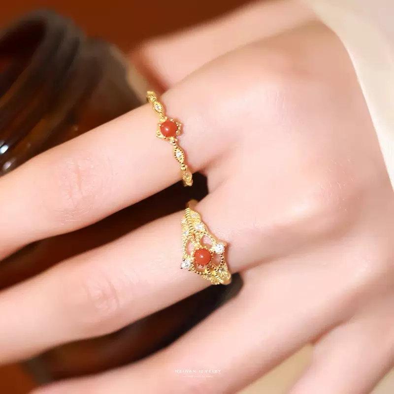 新中式南红仿玛瑙戒指女轻奢开口镶锆石潮手饰情人节送女朋友礼物