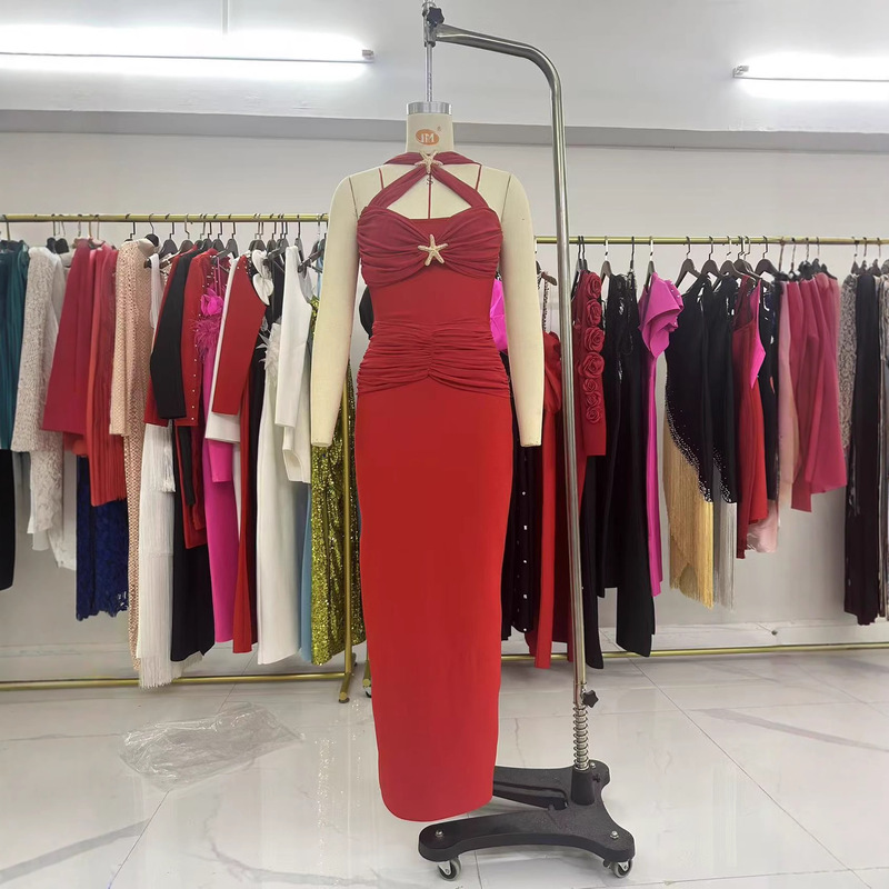 European and American Cross-Border Fashion Lace Cross-Strap Halter Neck Five-Pointed Star Sleeveless Long Bandage Dress Bandage Dress