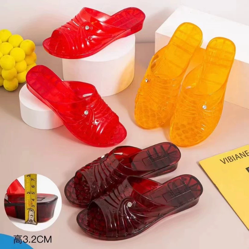 Летний новый женский сплошной цвет средний каблук ПВХ хрустальные сандалии тапочки внутренние нескользящие и износостойкие хрустальные туфли