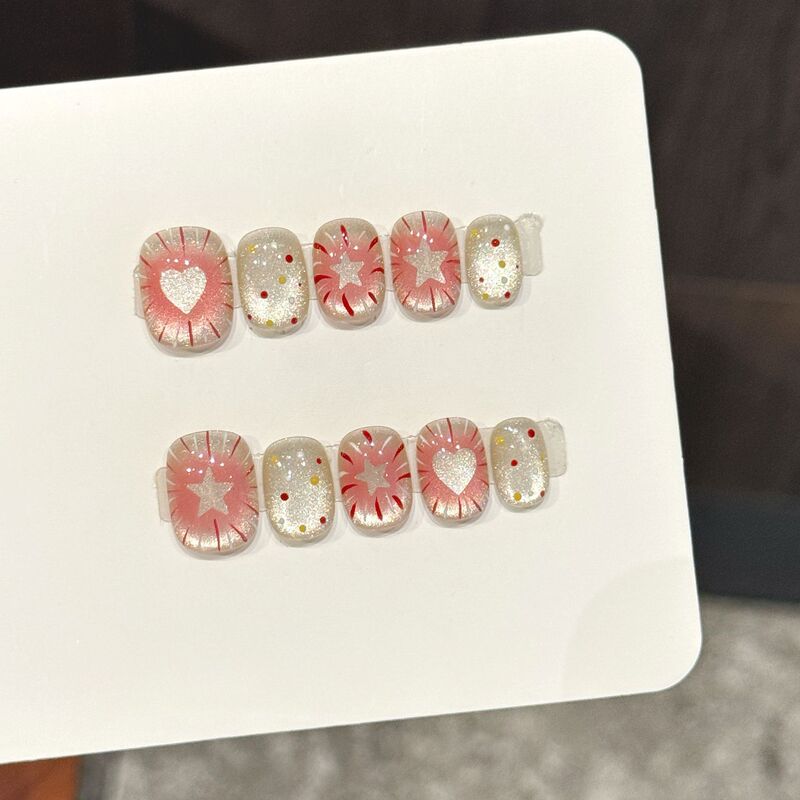 Yihe Original【Star Heart Dream】Pink Heart Star Wearable Nails with Sparkling Sweet Girl Style Handmade Nail Stickers Yihe Original【Star Heart Dream】Pink Heart Star Wearable Nails with Sparkling Sweet Girl Style Handmade Nail Stickers
