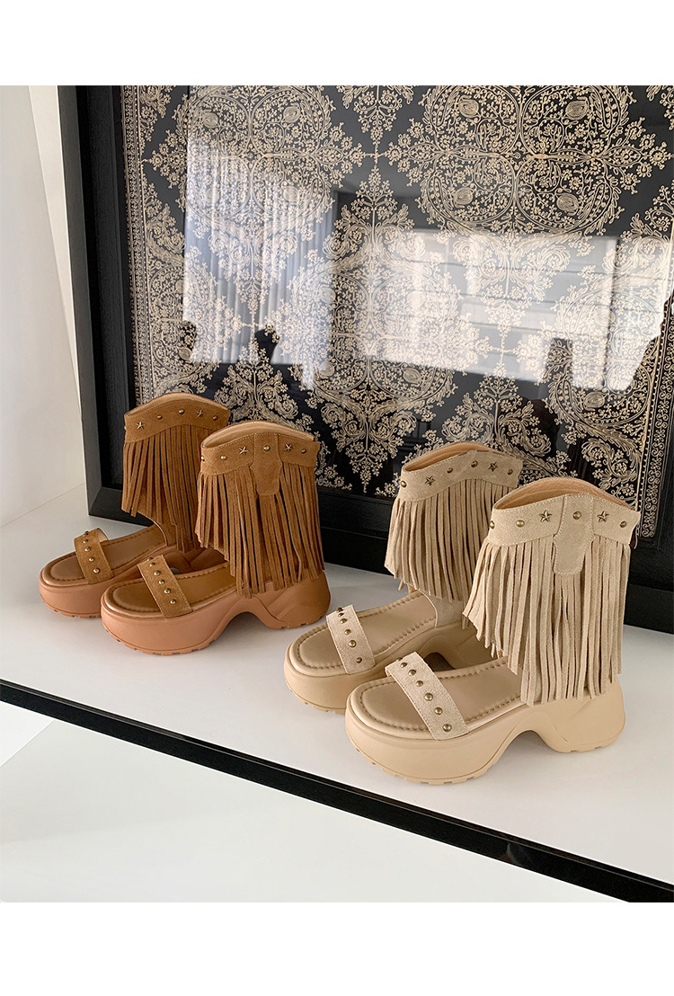 Boot nữ cổ thấp đế xuồng cao gót 9 cm, mũi hở phong cách phương Tây, tua rua đinh tán — Màu caramel, màu mơ chi tiết 23
