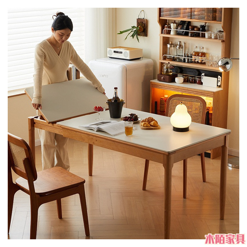 All Solid Wood Slate Dining Table, North American Cherry Wood Retractable Table, Small Apartment, Simple Modern Solid Wood Foldable Dining Table