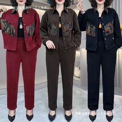 秋の新作 2024 中高年国民風スプライシングトップスーツファッショナブルなママルーズコットンベルベットツーピーススパンデックスセット