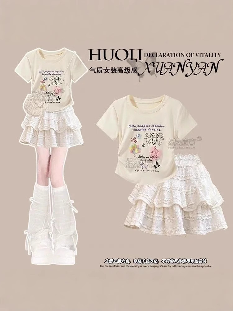 Girls' Dopamine Summer Tutu Skirt Set 2025 New Korean Style Cartoon T-Shirt Two-Piece Set for Middle and Large Children