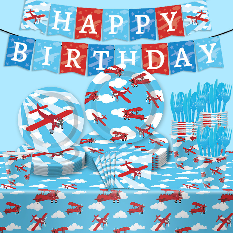 New Children's Cartoon Small Plane Theme Birthday Party Decoration Disposable Paper Tray Paper Cup Paper Towel Tableware suit