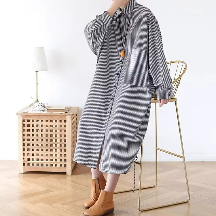 Осенний оригинальный дизайн свободный большой размер длинная полосатая рубашка женская платье с длинными рукавами