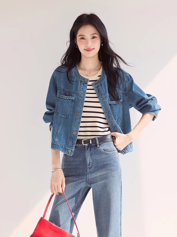 伊*L时尚全棉无领小香风牛仔外套2025秋季新款短外套女1G8911131|undefined