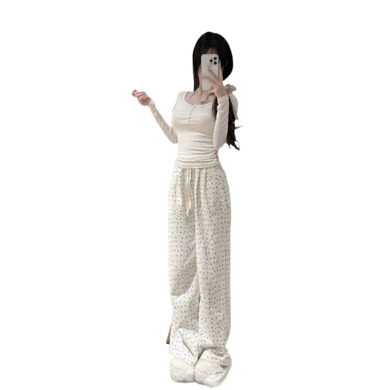 温柔初恋套装女早秋甜系碎花拼接假两件上衣小个子系带碎花阔腿裤|undefined