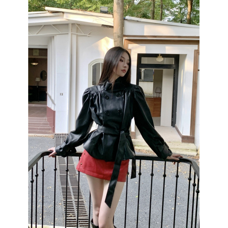 Real Shot of Ready-Made Umbrella-Shaped Pleated Stand-Up Collar Black Leather Top Short Jacket for Women