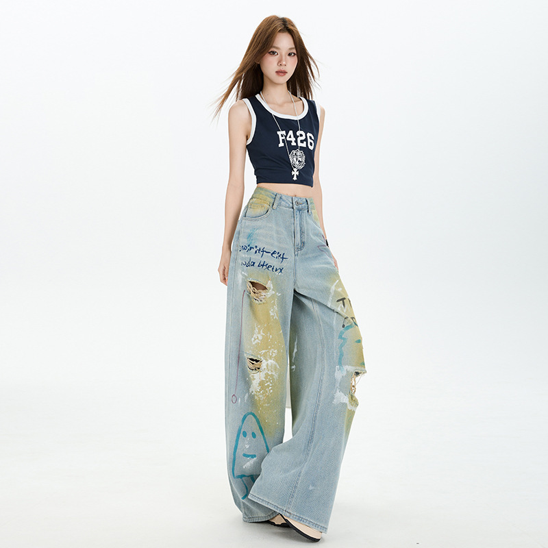 时尚洋气百搭涂鸦破洞直筒牛仔裤女2025年夏季新款宽松显瘦阔腿裤|undefined