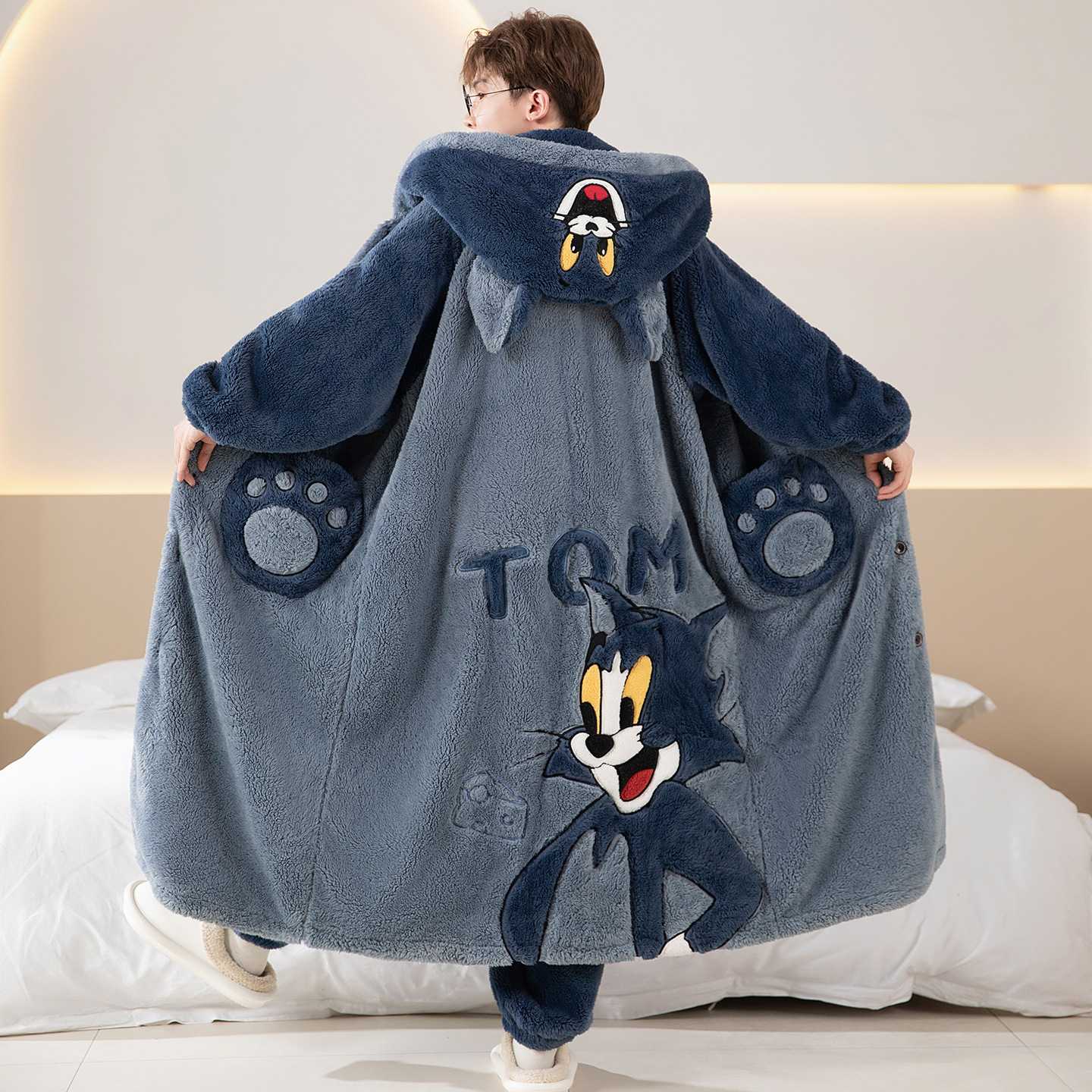 冬天加厚珊瑚绒睡袍男长款青少年加肥大码200斤高中生家居服套装