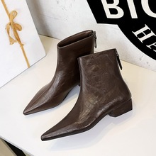 6533 retro boots for children, with a thick heel and a zipper at the back, slim boots that are versatile and eye-catching, small bare boots, single boots, pointed short boots