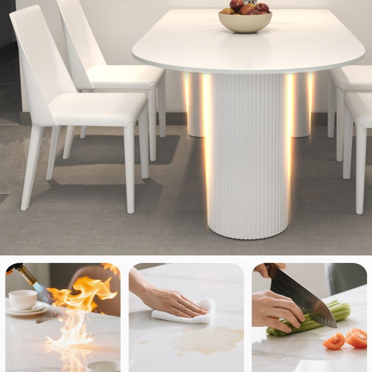 Mesa de comedor de estilo francés de estilo crema, mesa de esquina redondeada rectangular, combinación de mesa de comedor y silla doméstica moderna y simple