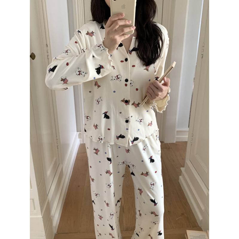 2025Ins Autumn and Winter Knitted Modal Korean Puppy V Neck Home and Outdoor Pajamas Set with Chest Pad