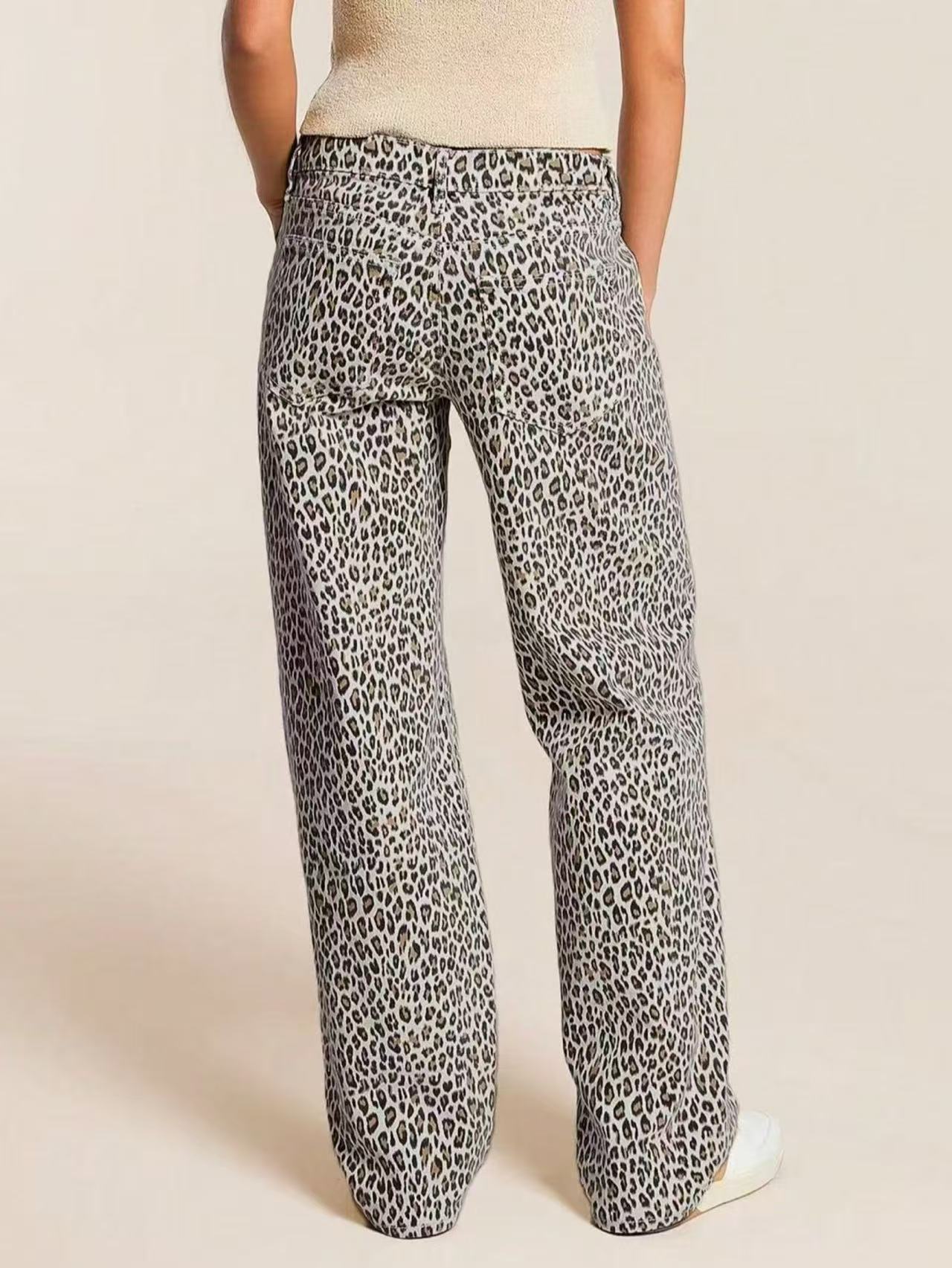 Jeans Rectos con Estampado de Leopardo para Mujer de Mezclilla, Alta Elasticidad, Tiro Medio, para Estilo Callejero