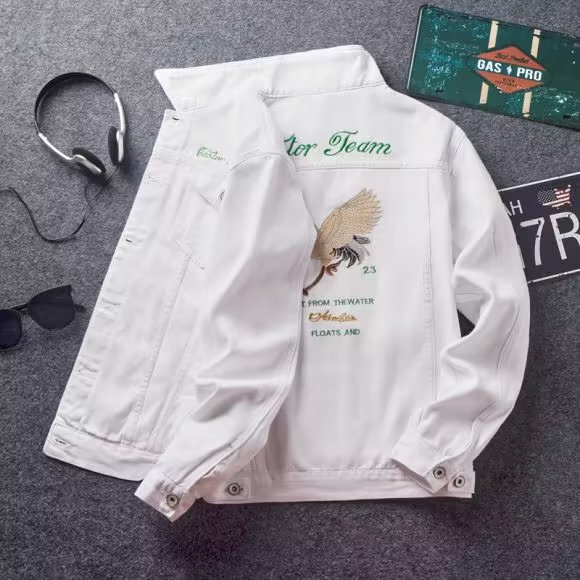 American Denim jacket men's and women's spring and autumn embroidered multi-pocket pilot tooling Japanese retro loose plus size coat American Denim jacket men's and women's spring and autumn embroidered multi-pocket pilot tooling Japanese retro loose plus size coat
