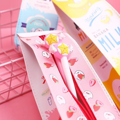 Cartoon milk carton pencil bag girly heart cute Korean version creative large capacity cartoon pencil bag stationery bag for primary and secondary school students
