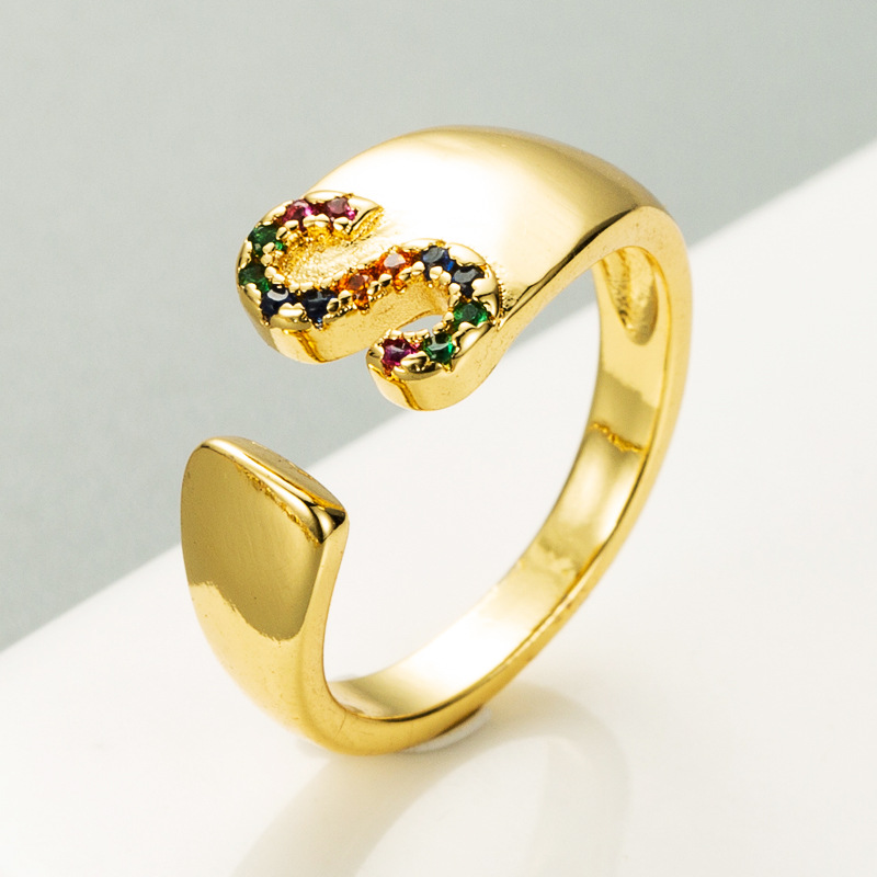 European And American Ring 26 English Letter Copper Gold-plated Inlaid Zircon Ring Opening Adjustable display picture 1