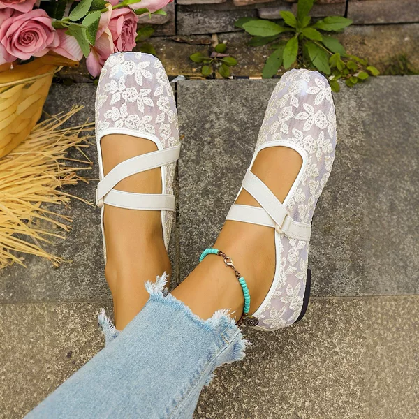Cross-Border Large Size Lace Flat Shoes for Women 2026 Summer New Style Mary Jane Shoes Mesh Shallow Slip-On Women's Shoes
