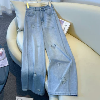 浅色刺绣阔腿牛仔裤女2026新款高腰显瘦高街复古宽松重工直筒裤子