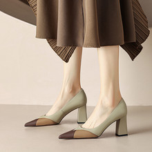 佩琪拼色尖头单鞋2023年新款一脚蹬浅口高跟鞋时装女鞋5-18t