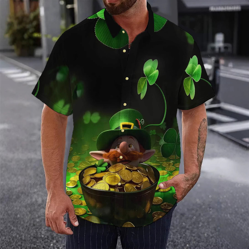 Clover Print Short-Sleeved Shirt for Men, St. Patrick's Day Breathable Loose Casual Vacation Style Shirt Clover Print Short-Sleeved Shirt for Men, St. Patrick's Day Breathable Loose Casual Vacation Style Shirt