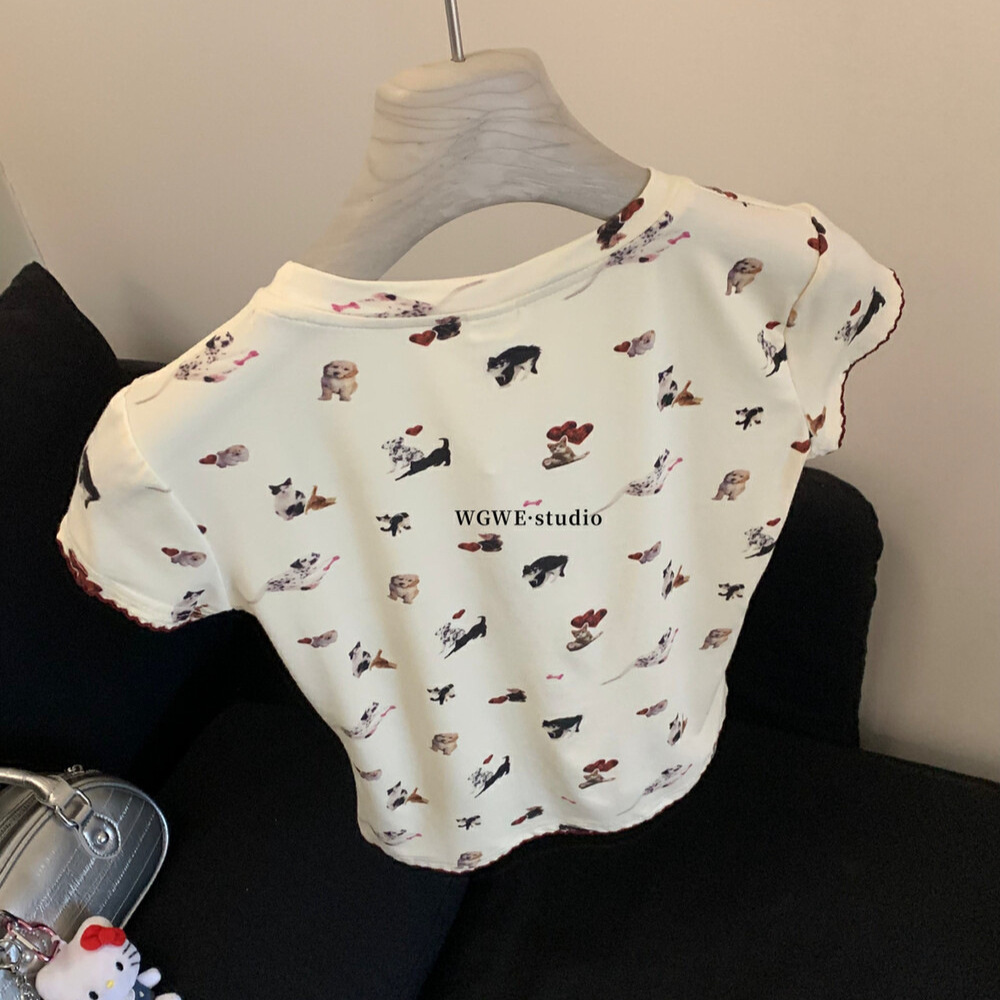 WGWE camiseta de manga corta con estampado de perros y gatos con cuello redondo, camiseta ajustada y elástica para niños, camiseta delgada, camiseta femenina W5536