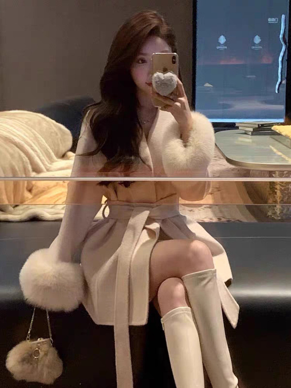 气质名媛千金毛毛袖收腰系带呢子大衣女秋冬高级感超好看毛呢外套|undefined