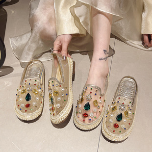 Mesh Flats for Women 2025 Spring and Summer New Fairy Slip-On Half Slippers Fisherman Rhinestone Loafers Flats Beanie Shoes