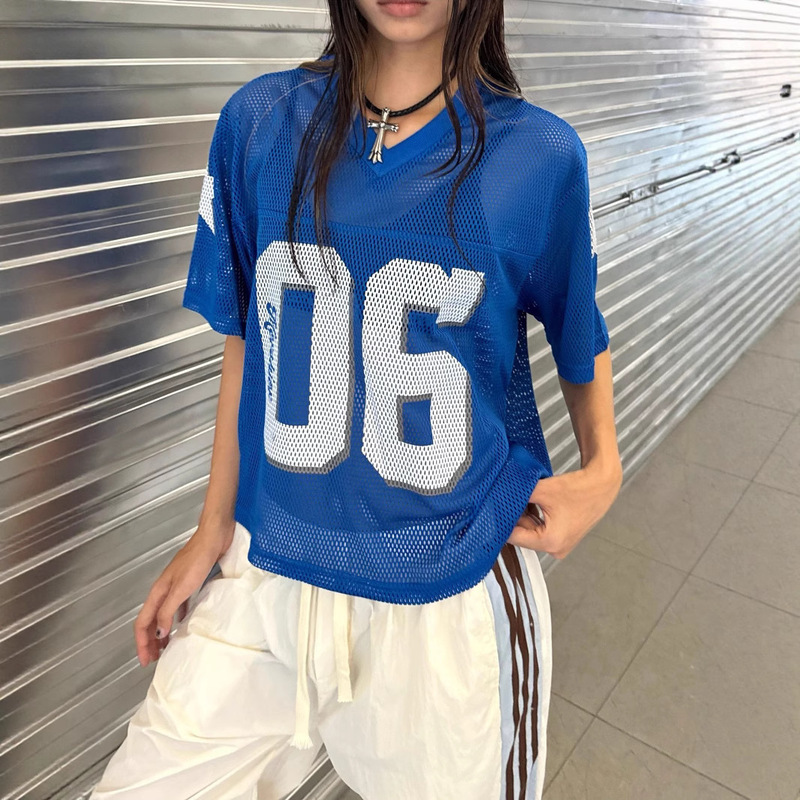 American Retro Street Mesh Cut Out Letter V Neck Jersey Half-Sleeved t Men's and Women's Summer Loose and Versatile Sports Tops American Retro Street Mesh Cut Out Letter V Neck Jersey Half-Sleeved t Men's and Women's Summer Loose and Versatile Sports Tops