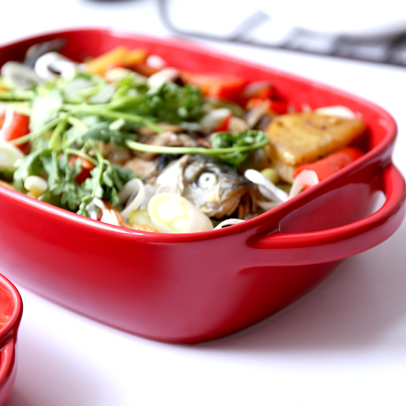Winjiang cerámica queso arroz al horno placa de hornear hogar binaural rectangular para hornear plato horno vajilla