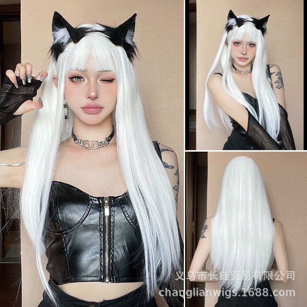 Peluca para mujer, estilo primer amor, negra larga y lisa con flequillo, fibra de alta temperatura, gorro de red rosa, peluca completa, peluca de fibra sintética para mujer, venta al por mayor en stock.