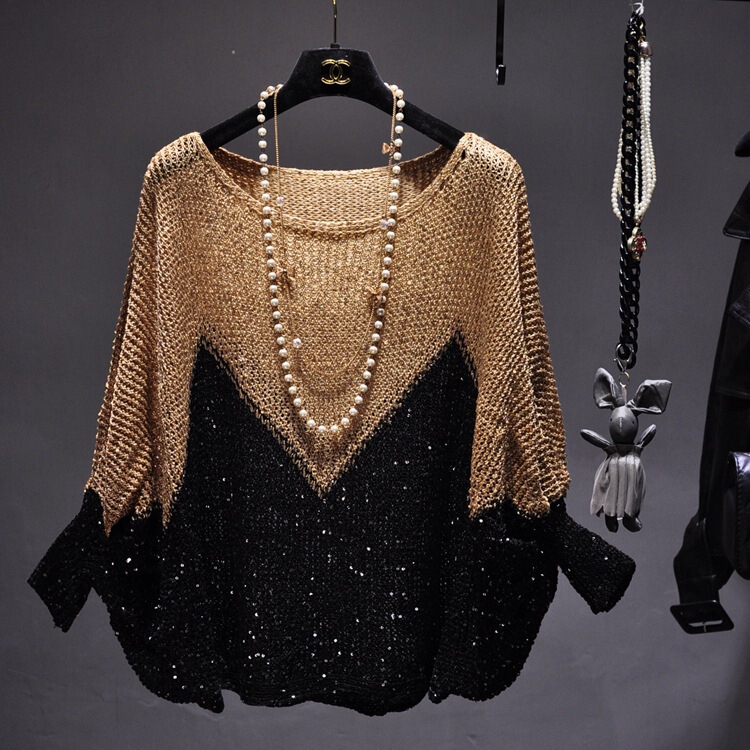 European Station Autumn and Winter New Sequin Sweater Women's Pullover Loose Cape Bat Shirt Hollow Crewneck Sweater for Women European Station Autumn and Winter New Sequin Sweater Women's Pullover Loose Cape Bat Shirt Hollow Crewneck Sweater for Women