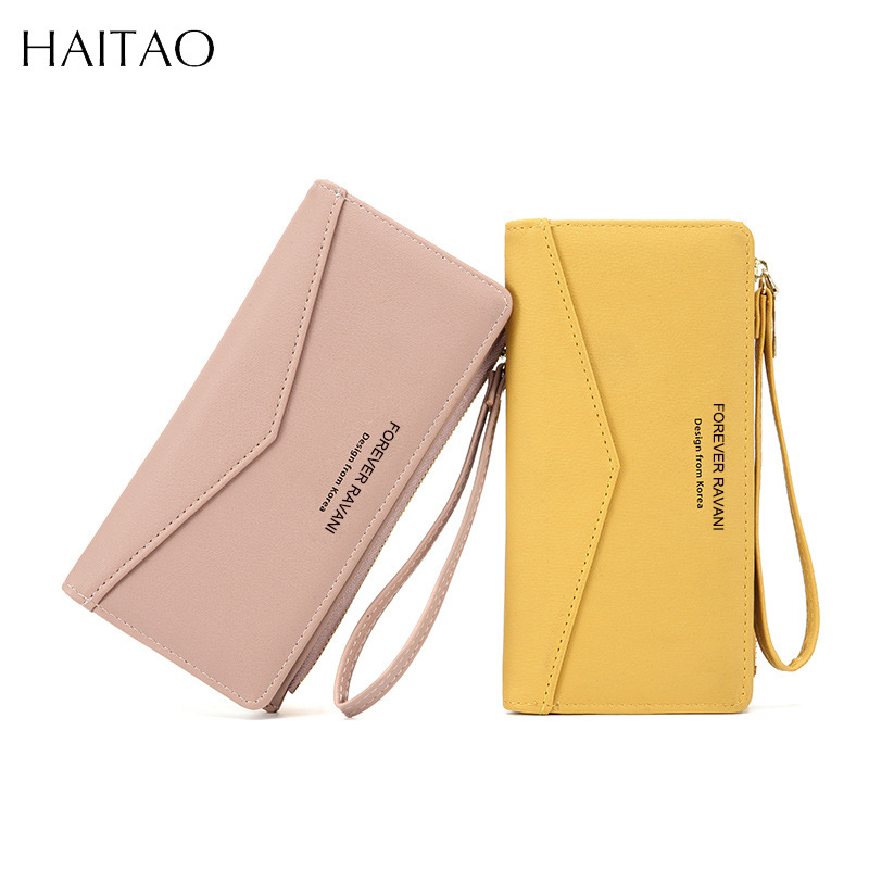 Haitao nuevo pu cartera simple japonés y coreano multi-Tarjeta embrague transfronterizo largo doble cartera color sólido