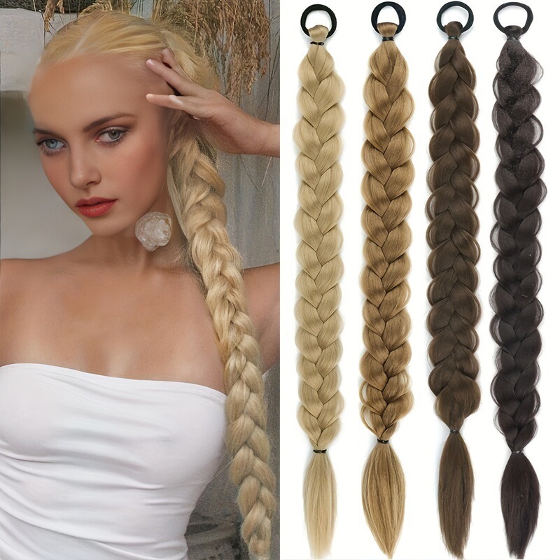 Cross-Border Hot-Selling Long Ponytail Wig for Women, Braided Hair, European and American Style, Natural-Looking Synthetic Fiber, High-Low Ponytail
