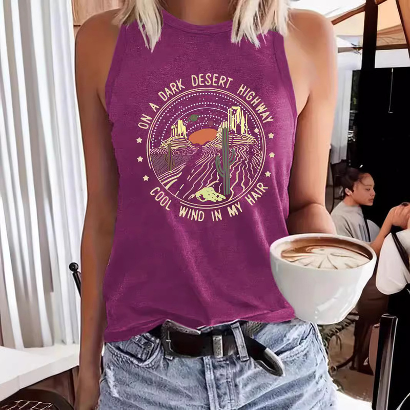 AliExpress Amazon Hot Sale Western Landscape Printed Round Neck Vest Spring Summer Casual Sleeveless Top Women's Clothing