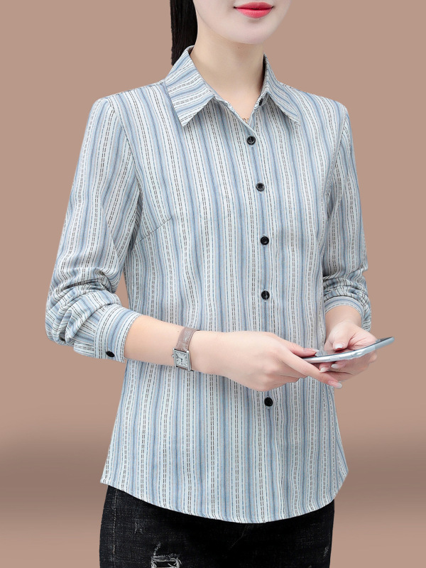 格子长袖衬衫女款春秋2025新款中年女装洋气减龄条纹衬衣纯棉上衣|undefined