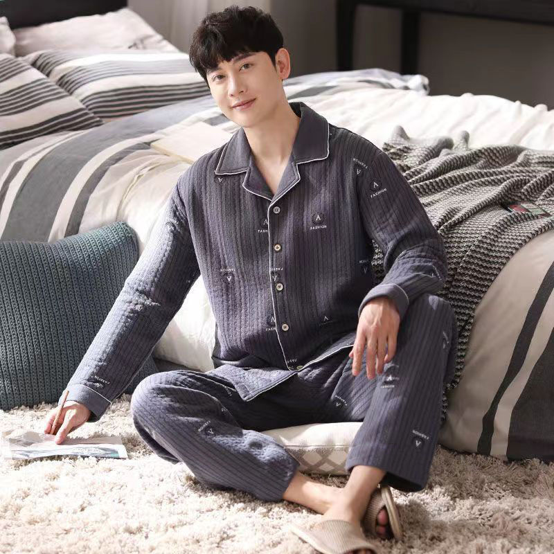 Otoño y invierno engrosado vestido exterior pijama de hombre invierno de hombre tamaño grande delgado intercalado de aire de algodón ropa para el hogar