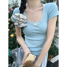 ins性感纯欲蝴蝶结蕾丝花边小香风短袖T恤女夏季U领短款打底女T潮