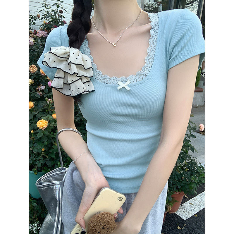 蝴蝶结蕾丝花边小香风短袖T恤女夏季U领短款打底女T潮