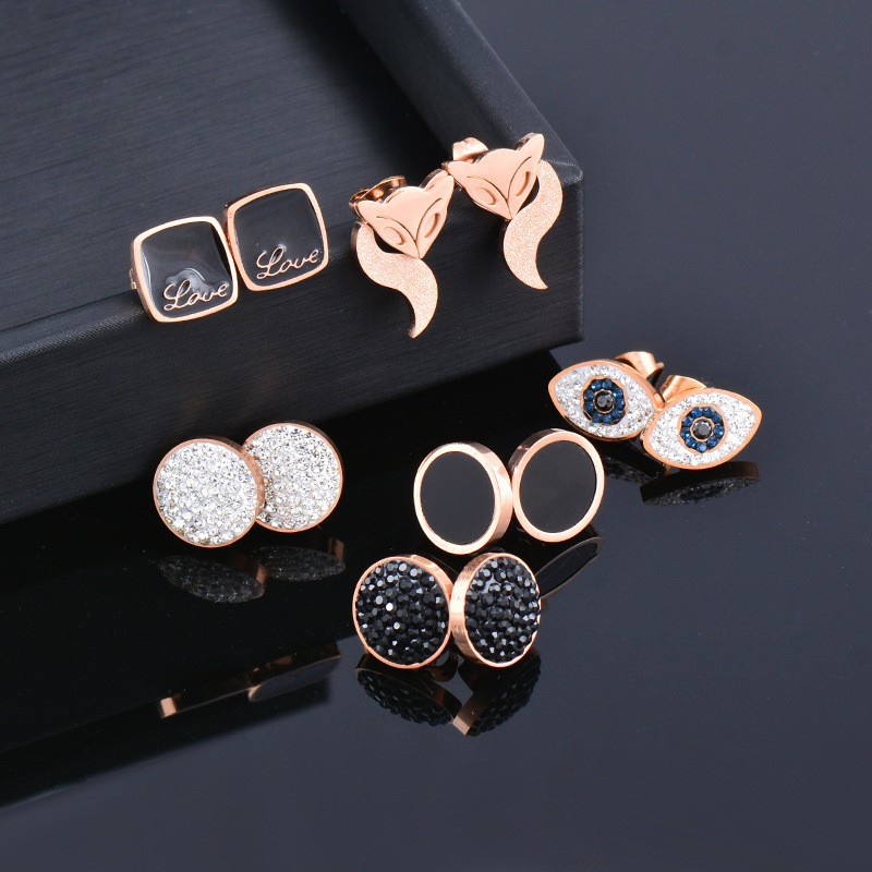 Fashion Round Eye Stainless Steel Inlay Rhinestones Ear Studs 1 Pair