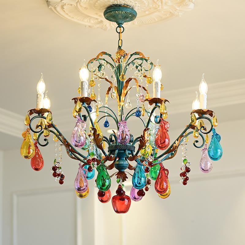 French Chandelier Murano Colorfuled Art Glass Fruit Light Luxury Living Room Dining Room Bedroom Retro Candle Chandelier