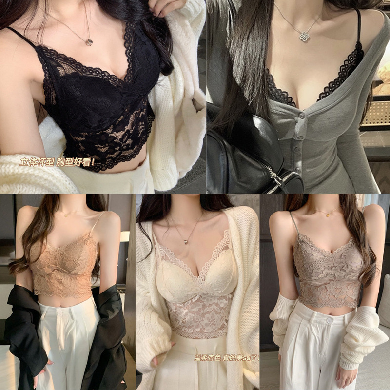 Sexy Lace Sling for Women with Breast Pads, All-In-One Fixed Cup, Beautiful Back, Tube Top, Inner Vest, Short Top