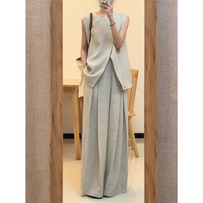 Топы, модные костюмы, женская летняя одежда, полный комплект элитных и элегантных повседневных широких брюк, комплект из двух предметов.