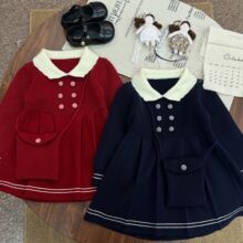 女童25秋冬新款毛衣连衣裙洋气格纹针织裙甜美小女孩连衣裙带斜挎