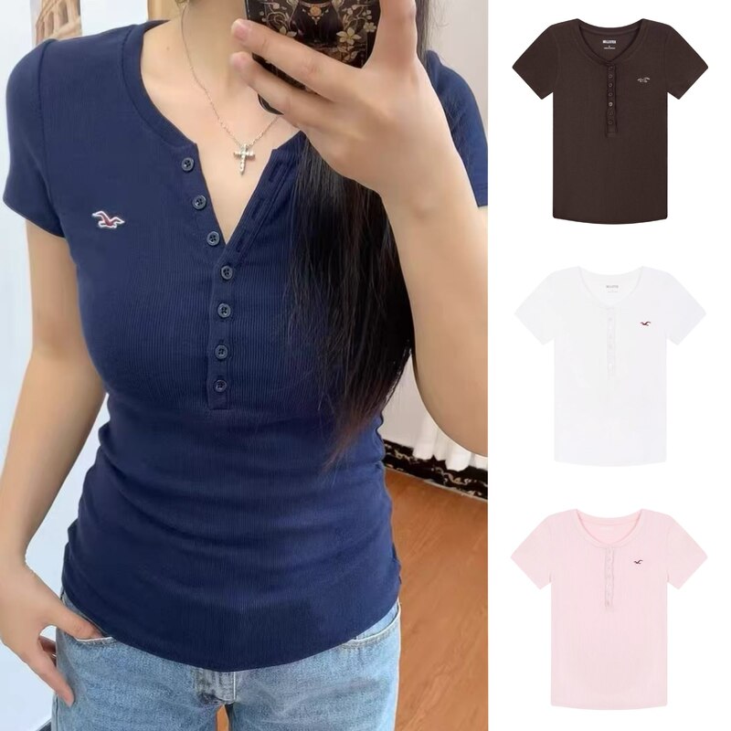 Hco Little Seagull Classic Slim-Fit Red Label Embroidered Henley Shirt Stretch Cotton Short-Sleeved T-Shirt Top for Women Summer Hco Little Seagull Classic Slim-Fit Red Label Embroidered Henley Shirt Stretch Cotton Short-Sleeved T-Shirt Top for Women Summer