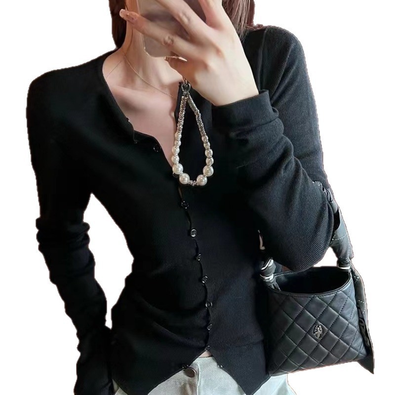 韩系红色针织开衫女早秋穿搭设计感圆领修身显瘦收腰长袖内搭上衣|undefined